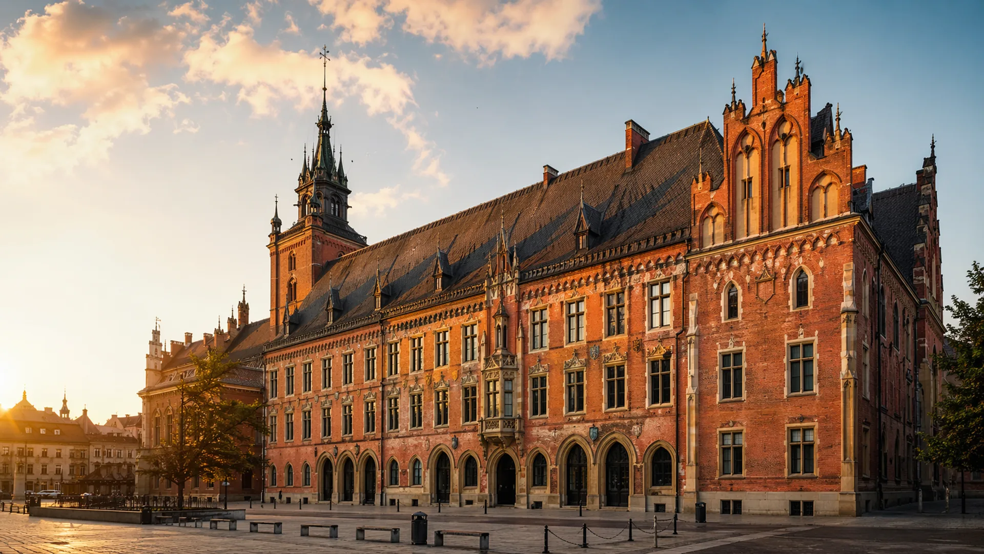 Collegium Novum Uniwersytetu Jagiellońskiego o&nbsp;zachodzie słońca