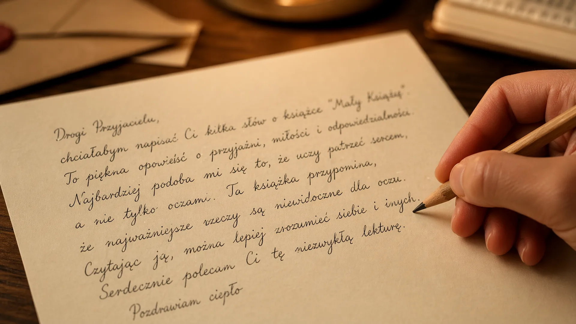 Ręka pisze osobistą notatkę piórem — zaczynamy od rozmowy