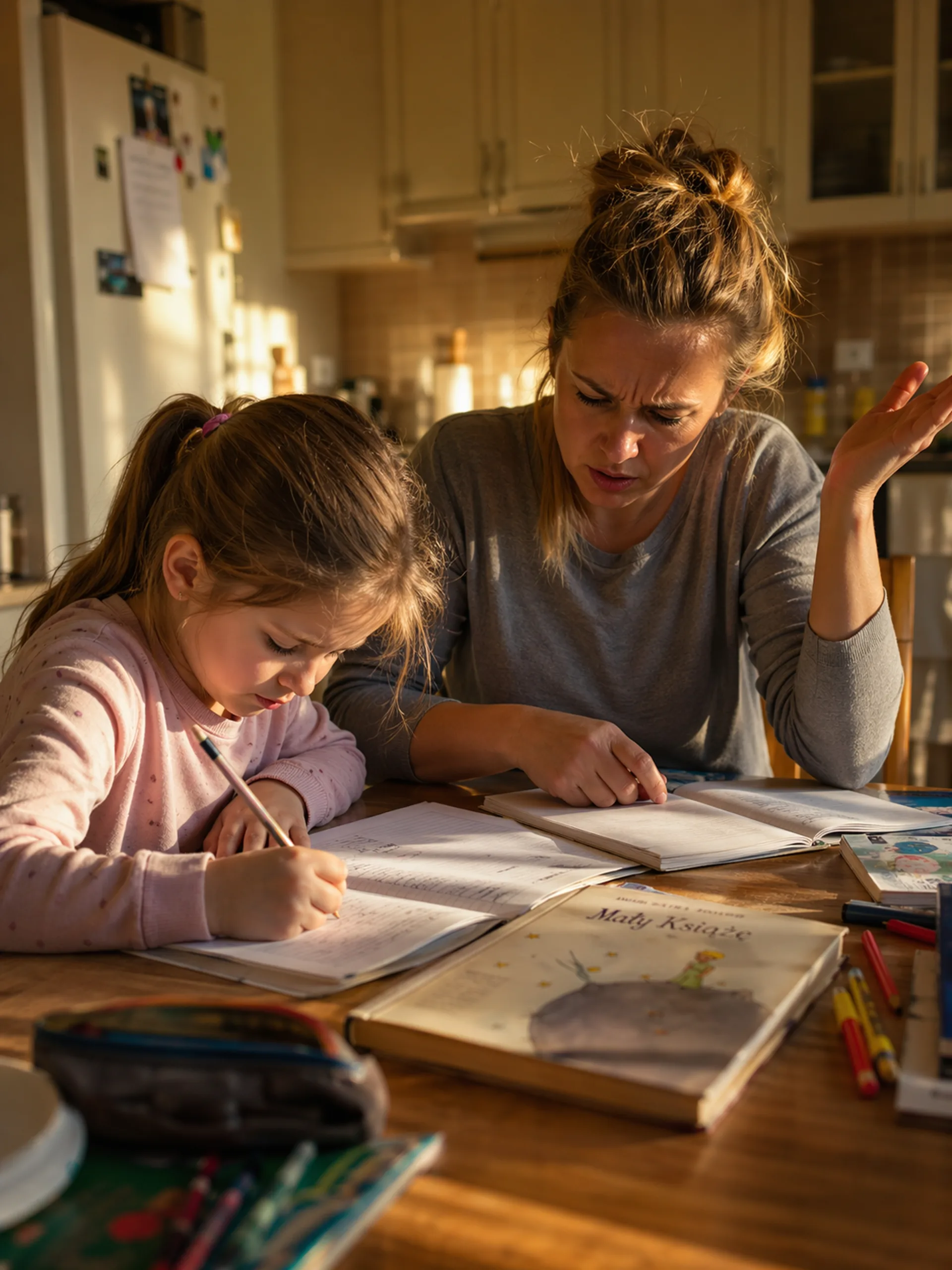 Mama pomaga córce z zadaniami domowymi w kuchni — moment frustracji który zna każdy rodzic
